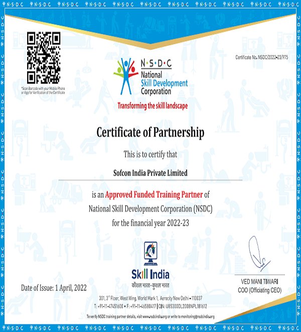 Sofcon NSDC Partnership Certificate