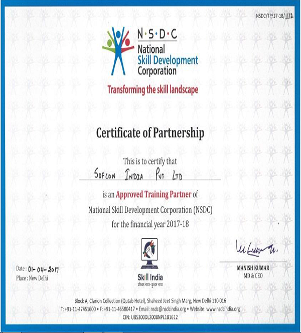 NSDC and Skill Sector Council Training Certificate of Sofcon India Pvt